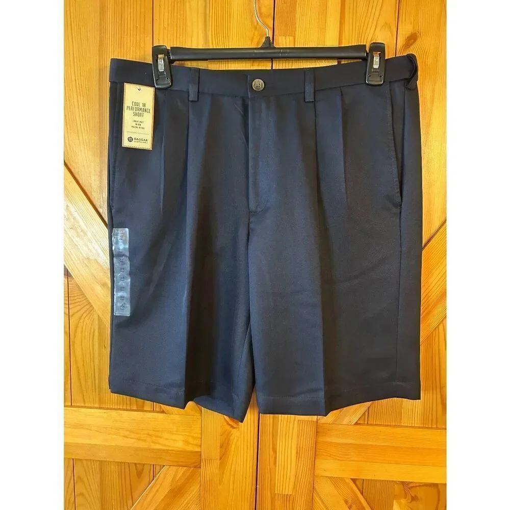 HAGGAR Cool 18 Performance Navy Pleated Shorts Size 36 NWT (8729)